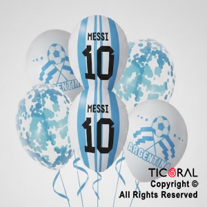 SET DE GLOBOS ARGENTINA MESSI LATEX CON CONFETI x 6 UNIDADES